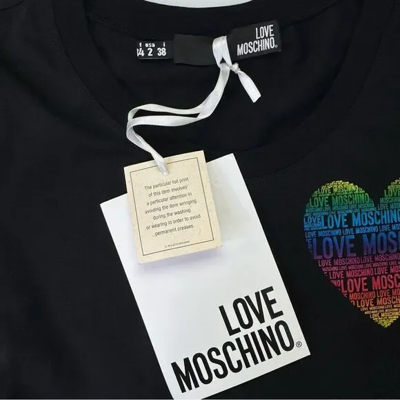 NEW Love Moschino Rainbow Foil Heart Logo Tee Black Size 2 - Picture 7 of 10